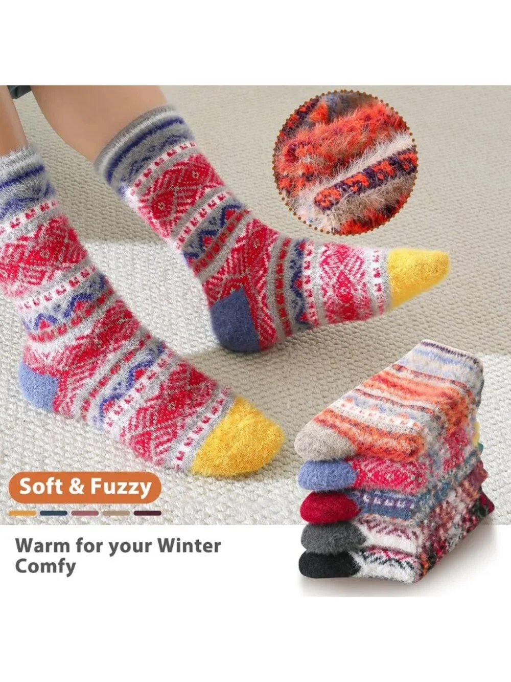 Cozy Warm Fuzzy Winter Socks - 5 Pairs Comfy Gift Set for Women, Perfect for